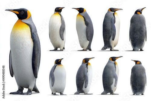 Standing penguins in two rows showcasing unique colors and patterns high-resolution wildlife portrait of black and white birds with orange markings isolated on white background