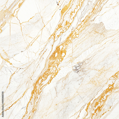 Gold Veins on White Marble, A highly detailed, luxurious white marble texture with dark gold and amber veins.