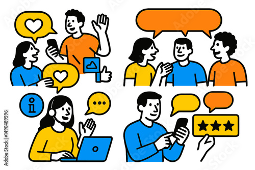 Engaging vector illustration of social interactions through digital communication and feedback activities