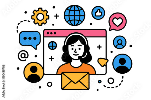 Vector illustration showcasing customer support representative assisting clients through an online platform