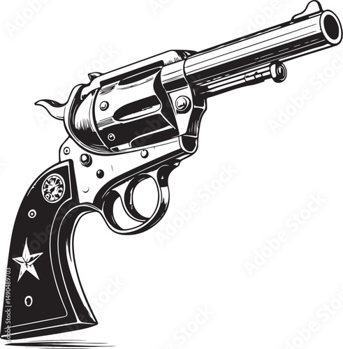 wild west cowboy gun Black and White Vector Illustration, Sketch Drawing Line Linear Symbol Icon Engraving, Hand-drawn Isolated