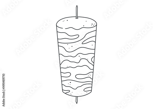 Doner kebab skewer in line art. Vertical meat rotisserie illustration for Turkish or Middle Eastern cuisine theme. Black and white doodle vector isolated on white background.