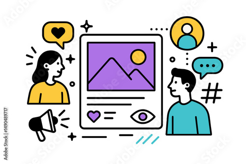 Engaging conversation between two individuals about a social media post featuring a landscape illustration