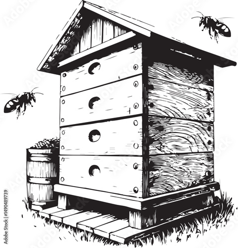 Wooden honey bee hive with bees, Black and White Vector Illustration, Sketch Drawing Line Linear Symbol Icon Engraving, Hand-drawn Isolated