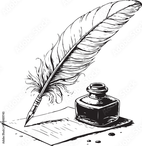 Quill and inkwell on parchment, Black and White Vector Illustration, Sketch Drawing Line Linear Symbol Icon Engraving, Hand-drawn Isolated
