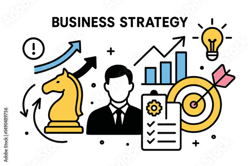 Business strategy concept with elements of planning and analysis for success in various fields and industries