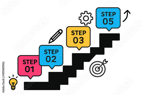 Steps represented as a staircase with colorful icons for a structured approach to a project or process
