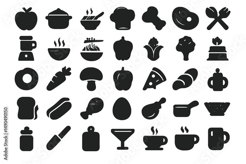 Black and white vector illustration featuring various food items and kitchen utensils arranged in a creative pattern