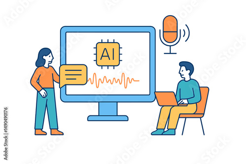 Vector illustration of individuals discussing artificial intelligence technology with a computer and microphone setup
