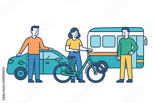 Vector illustration depicting three individuals interacting with a car, a bicycle, and a camper van in a casual outdoor setting