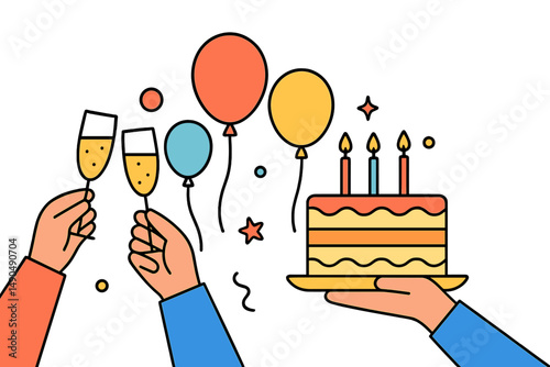 Celebrating a special occasion with champagne toasts, colorful balloons, and a cake adorned with candles