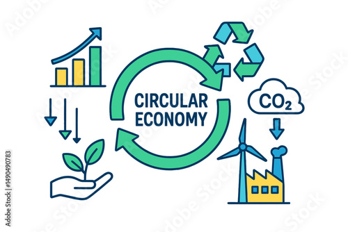 Circular economy concept with visual representations of sustainability and resource management in a modern setting