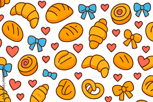 Colorful vector illustration featuring various baked goods and decorative bows in a playful pattern