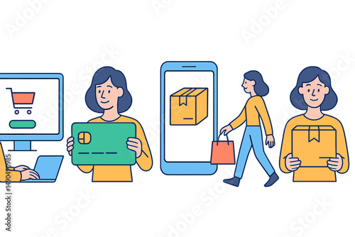 Ecommerce illustration showing shopping activities including online ordering and delivery