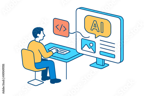 Vector illustration of a person coding with artificial intelligence on a computer screen in a modern workspace