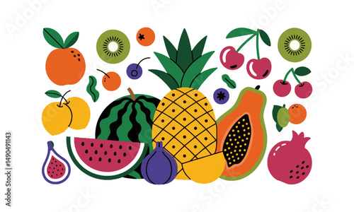 A colorful modern vector illustration of a variety of fruits in a flat, easily scalable and editable.