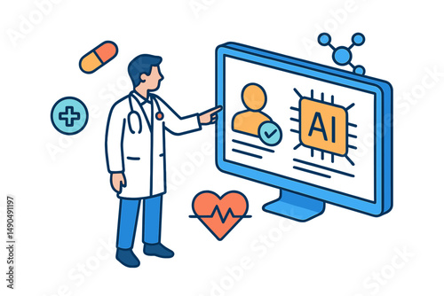 Healthcare professional explaining AI technology in a medical setting with patient data on display