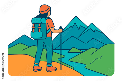 Hiker with backpack enjoying mountain view by river under clear sky during daytime