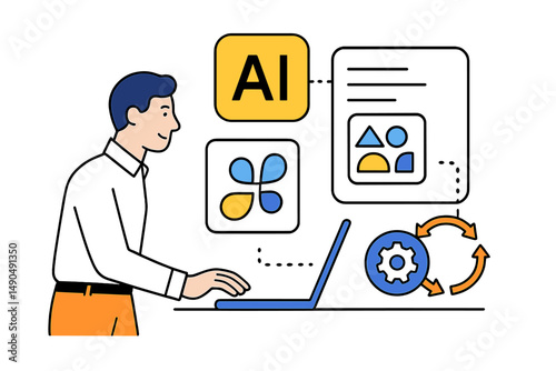 Vector illustration of a person working with AI tools on a laptop for creative projects and automation tasks