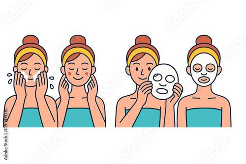 Vector illustration of a woman demonstrating a skincare routine at home with cleansing and face mask application steps
