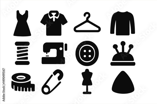 Vector illustration of sewing and fashion tools featuring clothing items, sewing equipment, and accessories arranged in a grid layout