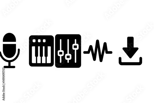 Vector illustration of music production elements including microphone, keyboard, audio mixer, sound wave, and download icon in a minimalistic design