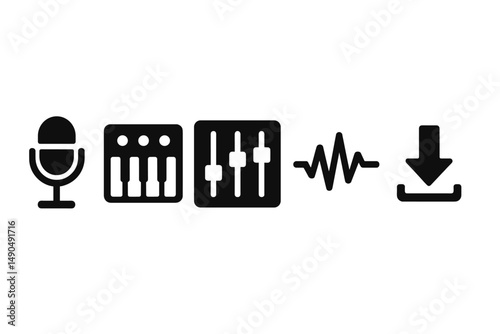 Vector illustration of audio recording symbols representing music production tools and sound editing actions