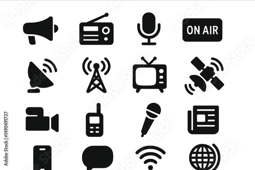 Vector illustration of communication tools and media symbols in a grid layout showcasing various devices and technologies