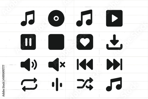 Black vector music icons set featuring various symbols for playback, volume control, and audio actions for digital media applications