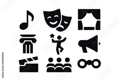 Diverse symbols representing arts, entertainment, and performance in a vector illustration format