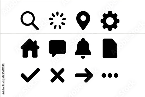 Collection of black vector icons representing various user interface elements for digital applications