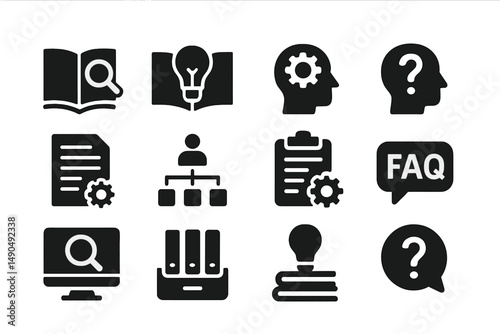 Vector illustration of various symbols representing knowledge, research, and inquiry in a modern design