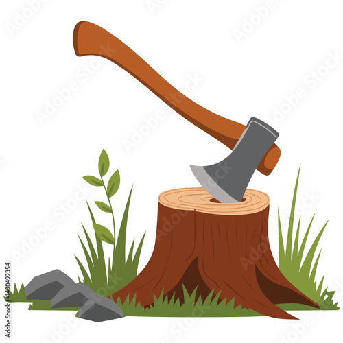 Axe embedded in tree stump isolated vector illustration