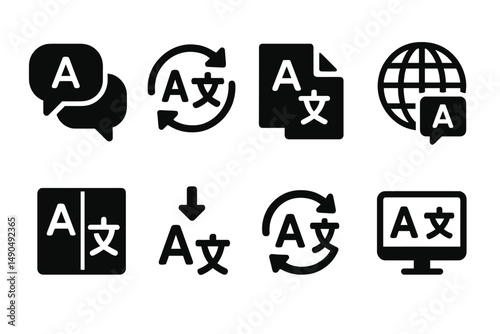 Vector illustration of language translation icons depicting communication, documents, and global connectivity