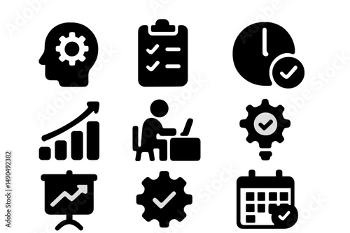 Vector illustration of productivity icons depicting tasks, time management, and goal setting in a workspace environment