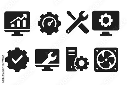 Vector illustration showcasing various tools and symbols for technology, engineering, and data analysis in a cohesive design for digital applications