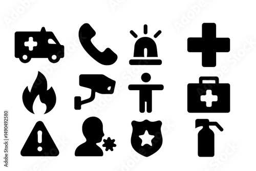Vector illustration of emergency services icons representing health and safety symbols used in critical situations