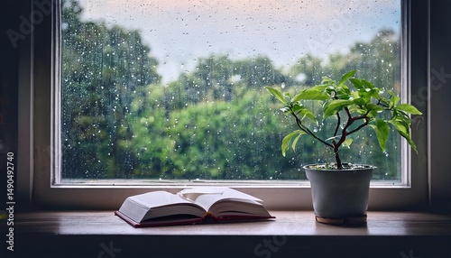 Rainy Day Calm: A small potted plant sits on a windowsill, a book rests beside it, rain droplets cling to the glass pane, offering a serene and peaceful view. wet