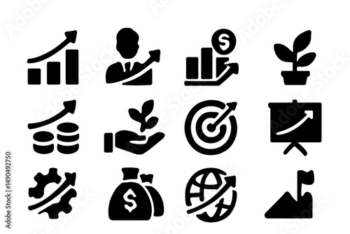 Vector illustration of financial growth symbols including charts, money, and business professionals in a modern style