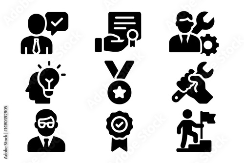 Vector illustration featuring diverse professionals involved in various activities related to achievement and service excellence