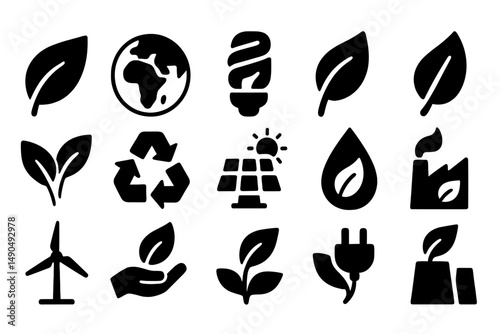 Vector illustration of environmental symbols representing sustainability, renewable energy, and eco-friendliness