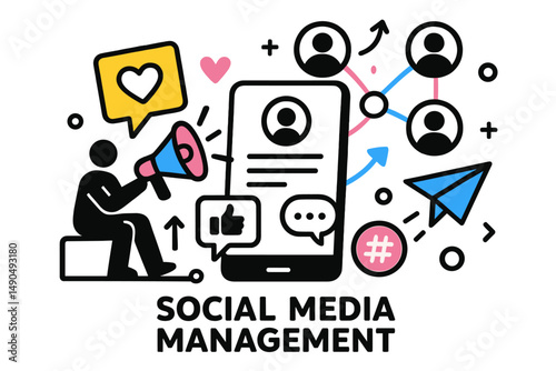 Vector illustration depicting social media management with icons, characters, and communication elements in a modern design