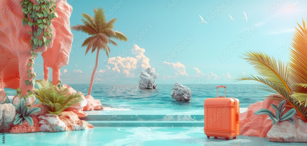 Fototapeta premium Vibrant tropical beach scene with turquoise water, palm trees, coral rocks, and an orange suitcase, evoking a dreamy vacation vibe.