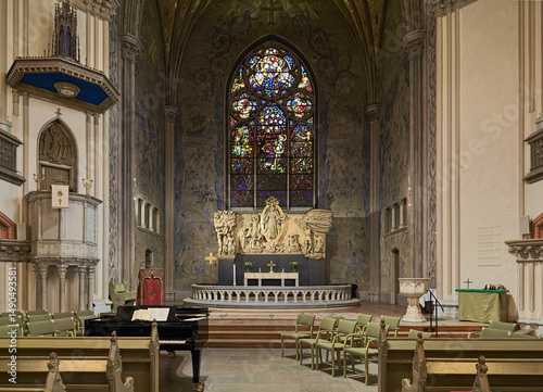 Choir and altar of Oscar's Church (Oscarskyrkan) in Stockholm, Sweden. The church is named after the king Oscar II of Sweden. It was built on 1897-1903.