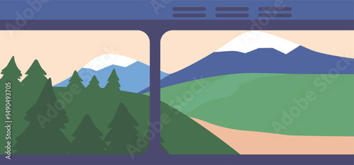 Train window with forest landscape