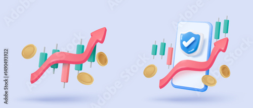 3D stock trading graph report for statistic market in bubble icon. Sell and buy money cash and exchange with finance business, analyzing investment. 3d bank trading icon vector render illustration