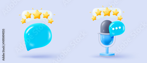 3d singer icon sign for voice podcast with star rating. mic record for music singer and song review for quality customer feedback. 3d voice services for satisfaction icon vector render illustration