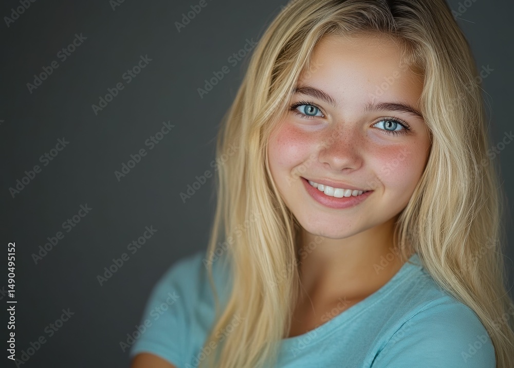 A young girl with curly hair and freckles smiles brightly in an indoor setting. She wears a blue shirt, and her cheerful expression captures a sense of warmth and natural beauty A young girl with curly hair and freckles smiles brightly in an indoor setting. She wears a blue shirt, and her cheerful expression captures a sense of warmth and natural beauty