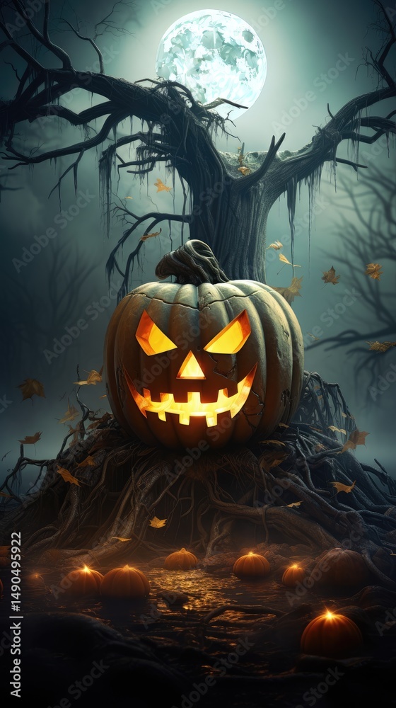 Fototapeta premium Glowing jack-o'-lantern sits before a spooky, gnarled tree under a full moon.