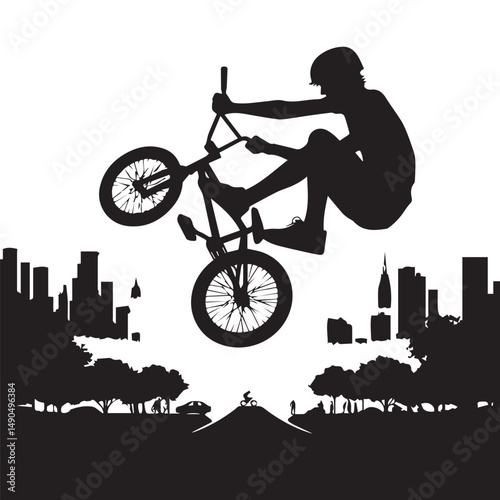 silhouette of a person playing bmx, editable vector image